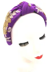 Purple Fabric Beaded Headband Fascinator with Gold Beading Top Knot Style