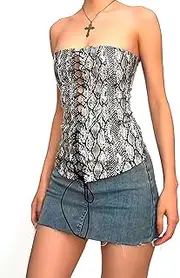 [Holiberty] Women PU Leather Strapless Tank Top Sleeveless Steampunk Bustier Vest Sexy Night Club Party Off Shoulder Corset, Black and White