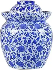 Ceramic Pickle Jar With Lids,Large Blue Traditional Chinese Porcelain Pickle Jar Pickling Jars,Ceramic Fermentation Crock With Water Seal Airlock Lid,Sauerkraut 4L-4L