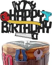 Confetti! Tools Cake Topper - Toolbox, Wrench, Hammer, Drill, Plier, Handsaw, Tape Measure, Screwdrivers Themed for Happy Birthday Party Cake Decoration – Perfect for Tool and Construction Themed
