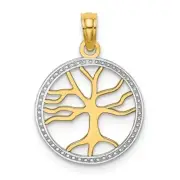 14k 14kt Yellow & Rhodium RH 3-D Tree of Life in Round Frame Charm PENDANT