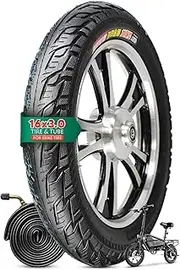 16x3.0 76-305 Ebike Tire and Inner Tube Set, 16 X 3.0 Scooter Street Anti Puncture Tire for Electric Bike, 16x3 Thickened Neumatico with Bent Valve Tube for Daily Commuting on Various Road Surfaces