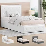 ALFORDSON King Single Size Bed Frame with Gas Lift Storage Base Diana Series, White Color, PU Leather Upholstery BedHead Mattress Platform Bed Foundation for Bedroom