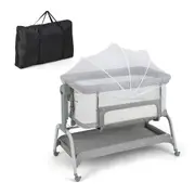 Costway 4in1 Cot Bed Mobile Bedside Sleeper Portacot Cradle w/Net & Storage Basket, Grey