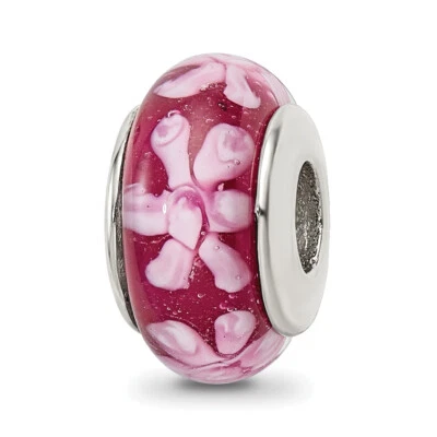 Silver Reflections Purple Floral Hand-blown Glass Bead QRS618
