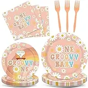96PCS One Groovy Birthday Party Decorations Groovy One Party Paper Plates Napkins for Girls Daisy Flower Hippie 1st Tableware for Newborn Retro Boho Baby Shower Party Decor Supplies