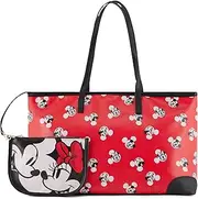 [Disney] Mickey and Minnie Tote bag - Girls, Boys, Teens, Adults - Mickey and Minnie Mouse Faux PU Leather Cosplay Tote Handbag with Zipper Pouch, Red, One Size