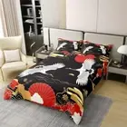 Style Queen Size Bedding Set,White Crane Red Sun Ukiyo-e Artwork Duvet