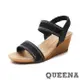 【QUEENA】一字涼鞋坡跟涼鞋/經典民族風一字織帶燙鑽造型坡跟羅馬涼鞋 黑