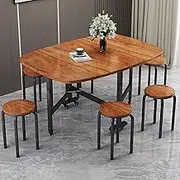 Folding Dining Set with 4 Chairs and Adjustable Drop Leaf Table on 360° Wheels (Brown 120 * 70cm)
