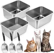 Zubebe 3 Pack Stainless Steel Cat Litter Box with 3 Pcs Litter Scoop Litter Box Metal Litter Scoops Never Absorbs Odor, Rustproof, Non Stick Smooth Surface(17.7 x 13.8 x 7.9 Inches)