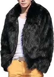 [Zylphorix] Men Classic Faux Fox Fur Outerwear Open Front Round Collar Cozy Furry Coat Winter Simple Style Solid Overcoat