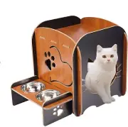 Pet Daily Kit Wooden Cat Beds Indoor Cat Cave House Pet Crate with Feeding Bowls