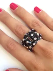 Size 7 Sterling Silver Ring W/ Interlock Black Enamel Design And Cubic Zircon