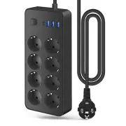 2200W 12-in-1 Multitap Power Strip Socket with 8 AC EU Outlets+3 USB-A+1 USB-C Output Socket with 1.8M AC110-250V Extens