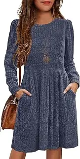 [HOSIKA] Girls Knit Dress Fall Long Sleeve Crew Neck Plain A-line Casual Dresses with Pockets for 6-12 Y