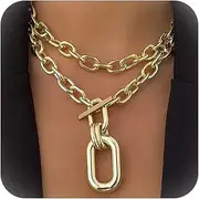 [Long tiantian] Layered Chunky Necklace for Women Gold Cuban Link Chain Carabiner Necklace Punk Statement Necklace Chunky Choker Necklace Jewelry Gifts for Teen Girls