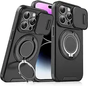 for iPhone 14 Pro Max Case with [Slide Camera Cover][360° Rotate Ring Stand][Military-Grade Protective] Heavy Duty Protective Shockproof Phone Cover Case for iPhone 14 Pro Max-Black