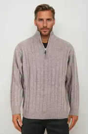 Ansett Sable Half Zip Cable Knit Wool Jumper