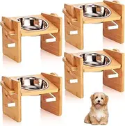 Hoolerry 4 Pack Elevated Dog Bowls Raised Pet Bowls Tilted Stand Adjustable Dog Food Feeding Dishes Bamboo Elevated Feeder Stand with Single Stainless Steel Bowls for Small Medium Cats and Dogs