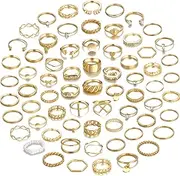 YEEZII 68 Pcs Gold Knuckle Rings Set for Women, Stackable Rings Boho Joint Finger Midi Rings Silver Hollow Carved Crystal Stacking Rings Pack for Gift