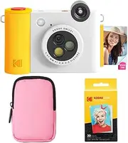[KODAK] Smile+ 2-in-1 Digital Instant Print Camera & Wireless Bluetooth Photo Printer Starter Bundle + Soft Case + Zink 20pk Sticky-Back Photo Paper - 10MP, Special-Effect Rotating Lens - White