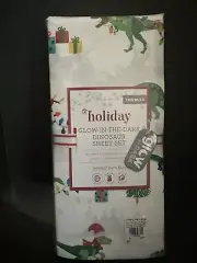 3p GLOW COTTON Pottery Barn Kids DINOSAUR Toddler SHEET Set Christmas Holiday NW