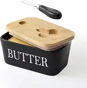 Ceramic Butter Dish with Lid and Knife - Large Countertop Butter Keeper Container with High-Quality Silicone Seal for Home Decor - Great Kitchen Gift - Black