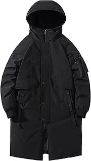 [JEShifangjiusu] Men's Long Down Cotton Jacket Ribbed Cuffs Winter Warm Coat Casual Outdoor Hooded Zip Outerwear, Black, Medium