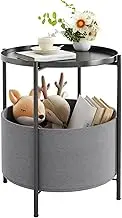 Vellaluna End Tables with Fabric Storage Basket, Round SideTables Bedroom, Lamp Table, Spacious Metal Small Bedside Table Nightstand with Removable Tray for Living Room, Nursery, Laundry