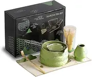 Matcha Whisk Set, Ceramic Matcha Set Includes Matcha Bowl, Matcha Whisk and Holder, Bamboo Scoop, Scoop Rest, Sifter and Tea Towel - 7 Pcs Matcha Kit for Matcha Lovers (Green)