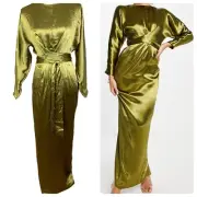 NWT ASOS Design Sz 8 Chartreuse Olive Green Satin Batwing Waist Wrap Maxi Dress