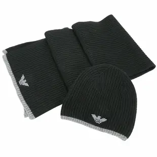 Emporio Armani 老鷹標誌羊毛混紡羅紋針織帽+圍巾組(黑色)