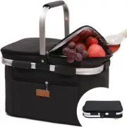 Insulated Picnic Basket - Foldable Cooler Bag with Aluminium Frame & Soft Grip H
