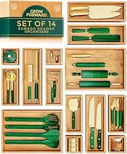 Grow Forward Bamboo Drawer Organizer Boxes - Set of 14 Wooden Drawer Organizers for Kitchen, Bathroom, Office, Desk, Vanity, Makeup - Non-Slip Junk Drawer Organizer Trays for Storage and Organization