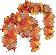 Vriusi Thanksgiving Garlands, Autumn Garland, Artificial Autumn Garland, 2 Pieces Maple Leaves 5.7 Feet, Door Hanger Wreath Decorative for Fireplace Door Frame,