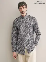 Chocolate Brown Floral Slim Fit Signature Single Cuff 100% Cotton Formal Shirt (B80070) | $50