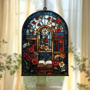 Library Bookshelf Suncatcher, Book & Flower Window Decor, Gifts for Book Lovers