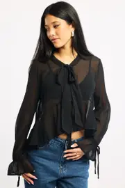 Black Sheer Blouse Tie Neck Long Sleeve Ruffles - Size 16XL, Women's Shirt