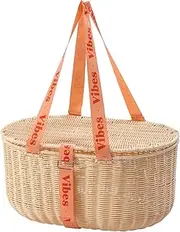 Vibes McLaren Vale 2 Person Weaved Wicker Cord Picnic Basket with Lid & Handle Sturdy Woven Body Stuby Strap Light Weight Spacious Outdoor Couple Dating Travel Camping Basket - Tanned 49x33x24cm