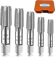5-Piece BSP Pipe Tap Set, 1/8", 1/4", 3/8", 1/2", 3/4" ¾” BSP Tap Set Carbon Steel Hand Threading Plumbing Tap Set for Accurate Threads, Assorted Plumbers Mechanics DIY Thread Cutting Tools.