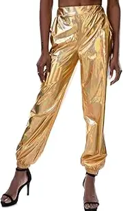 [Fenyong] Womens Shiny Metallic Pants, Holographic Disco Sweatpant for 70s 80s Alien Space Cowgirl Halloween Costume