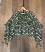 NWT Polo Ralph Lauren Geo Print Ruffle Blouse Women’s S Olive/White MSRP $268