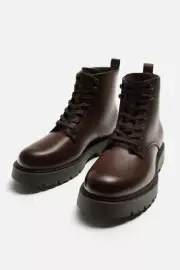 Men Handmade Brown Leather Derby Boots pull tab Rounded toe lace-up Dress Boots