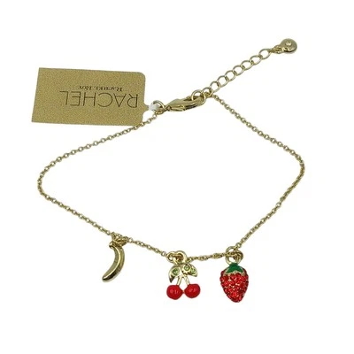 Rachel Roy Fruit Charm Bracelet Gold Tone Rhinestone Strawberry Cherry Banana 8"