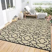 Waterproof Outdoor Rug 9x18 ft Reversible Plastic Woven Straw Mat with Modern Floral Geometric Design - Perfect for Camping, RVs, Patios, Backyards, Decks, Picnics, and Beach Use, Black Brown