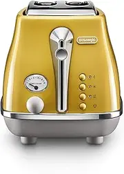 De'Longhi Icona Capitals 2 Slice Toaster CTOC2003.Y, Reheat, Cancel and Defrost Functions, 6 Browning Levels, Removable Crumb Tray, 900W, Yellow