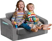 Deppon Kids Couch, Extra Wide 2-in-1 Toddler Sofa Convertible Fold Out to Lounger Bed for Girls and Boys, Grey