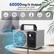 Ozone Generator 60,000mg/h Stainless Steel Ozone Machine Odor Removal Ionizer Air Purifier Ozone for Home Car Pet with Portable Handle 0-60min Timer