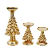 Set of 3 Gold Christmas Tree Candle Holders - Festive Resin Pillar Stands, Elega
